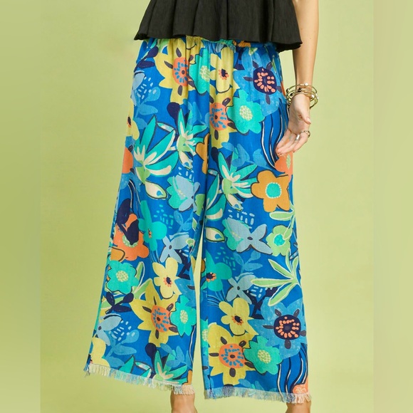 👀 ♥️ Umgee Floral Print Boho Wide Leg Linen Blend Pants - Cerulean - Picture 2 of 8
